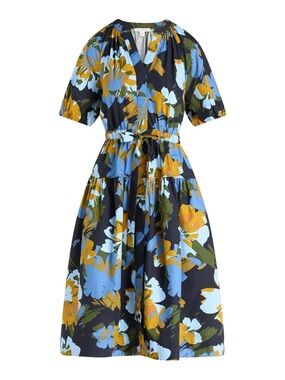 Tie-Waist Floral Midi Dress in Navy, Light Blue & Mustard